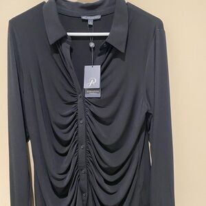 Adrianna Papell Black Long Sleeve Ruched Blouse